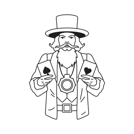 Y2k man magician sorcerer with playing card love symbol monochrome line retro groovy icon vector illustration. Elderly male magic artist trick performance minimal trendy sticker for tattooのイラスト素材
