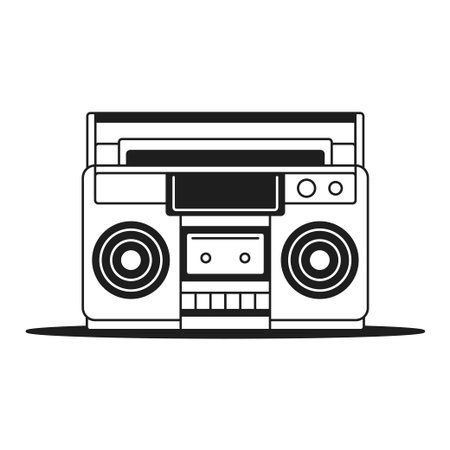 Y2k retro tape record player for music cassette broadcasting monochrome line groovy icon vector illustration. Vintage technology musical device disco party boombox minimal trendy stickerのイラスト素材