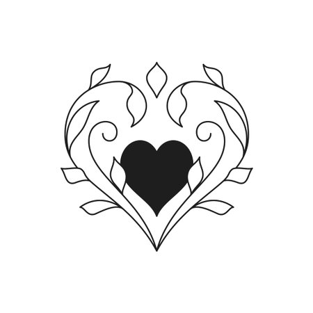 Y2k antique flourish heart vintage scroll curved ornate love symbol monochrome line retro groovy icon vector illustration. Ancient romantic amour shape Valentine's Day art ornament minimal stickerのイラスト素材
