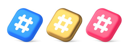 Hashtag button social network media communication symbol internet message key 3d realistic blue gold and pink icons. Blog chatting grid character follow tag navigational panel designのイラスト素材