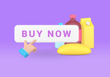 Buy now grocery online shopping button with business man hand click cursor 3d icon realistic vector illustration. Groceries store shop internet retail with food and drink e commerce purchase orderのイラスト素材