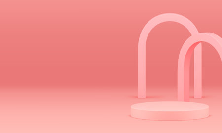 Pink 3d showroom cylinder podium pedestal with arch mock up for cosmetic product show realistic vector background. Empty elegant feminine pastel display commercial advertising banner with copy spaceのイラスト素材