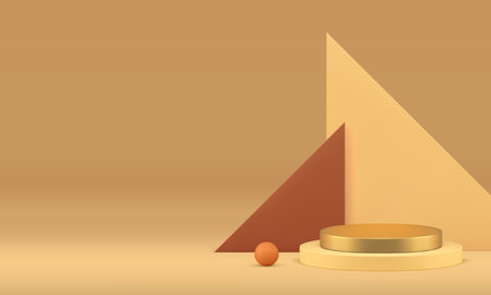 Elegant luxury geometric pastel 3d podium cylinder pedestal for product show realistic vector background. Premium step display with beige geometric wall commercial advertising stage for presentationのイラスト素材