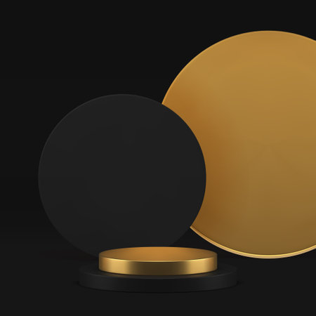 Luxury cylinder 3d podium pedestal for premium product commercial presentation realistic vector background. Elegant black golden round step stand with circle wall background advertising studioのイラスト素材