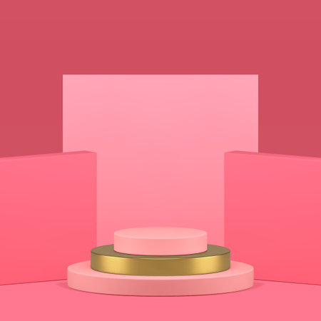 Pink geometric 3d podium cylinder pedestal mock up for cosmetic product show presentation realistic vector background. Elegant feminine shopping sale showroom with squared wall backgroundのイラスト素材
