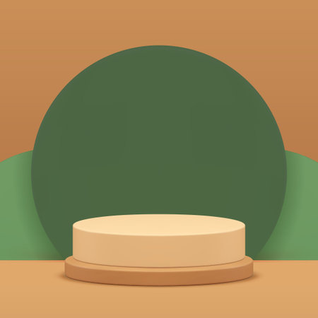 Cylinder beige 3d podium pedestal with green wall promo display realistic vector background. Neutral showroom empty advertising geometric stage for commercial product shopping presentationのイラスト素材