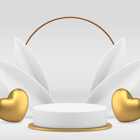 White luxury 3d podium pedestal mock up for cosmetic product show presentation realistic vector background. Elegant premium advertising display with golden heart and leaves for commercial promoのイラスト素材