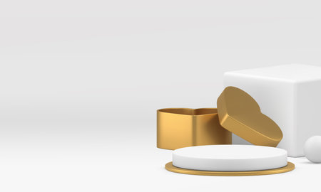 White 3d podium pedestal with golden heart gift box luxury product presentation realistic vector background. Elegant premium geometric display advertising romantic empty showroom banner copy spaceのイラスト素材