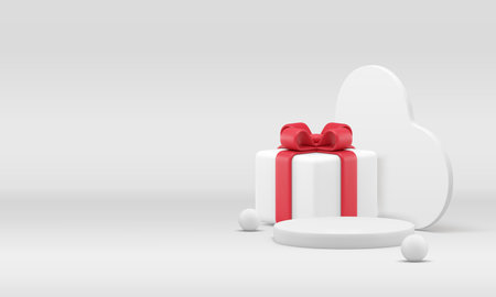 White aesthetic 3d podium pedestal with festive gift box banner copy space realistic vector background. Trendy geometric showroom empty advertising cylinder display with heart wall for shopping showのイラスト素材