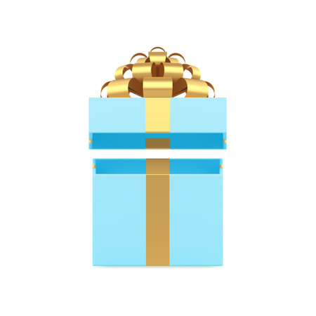 Elegant blue squared gift box with open lid and golden bow ribbon holiday prize 3d icon realistic vector illustration. Fashion luxury present package festive container for surprise birthday celebrateのイラスト素材