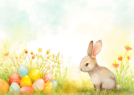 A cute cartoon Easter bunny is depicted in a painting, sitting in the grass surrounded by colorful Easter eggsの素材