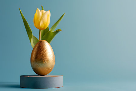 A golden Easter egg sits next to a yellow tulip on a minimalist cylindrical podium, creating a photorealistic sceneの素材
