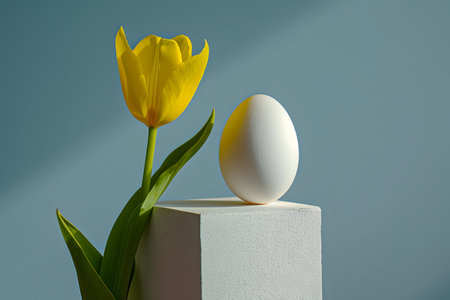 A minimalist style photo featuring a white egg sitting on top of a block next to a vibrant yellow tulipの素材