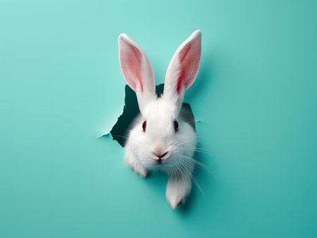 A white rabbit pops out of a hole in a blue wall, revealing a glimpse of its curious natureの素材