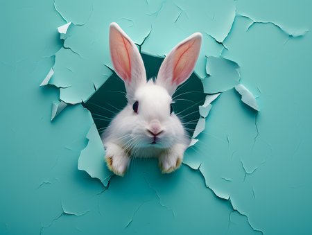A white rabbit is seen peering out from a hole in a wallの素材