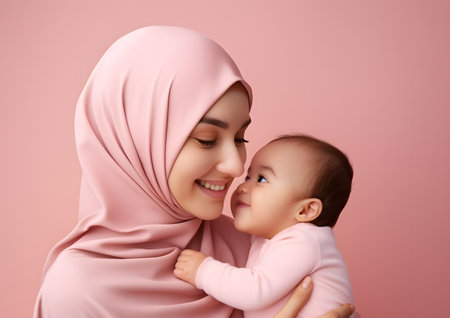 A Muslim woman wearing a pink hijab is holding a baby on a pink backgroundの素材