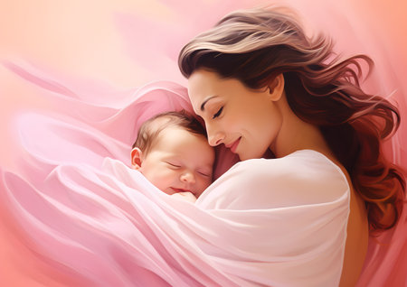 A woman is holding a baby wrapped in a blanket on a pink background, showing a tender motherly embrace.の素材