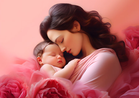 A woman is holding a baby in her arms on a pink background, both embracing each other in a loving gesture.の素材