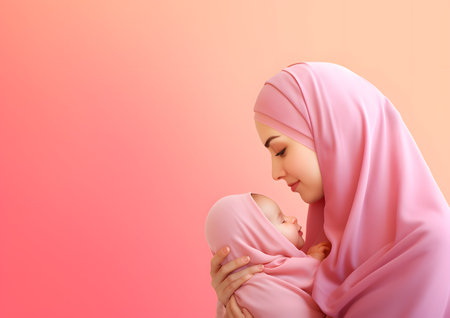 A mother, dressed in traditional Muslim attire, gently cradles her baby in her arms against a soft pink background.の素材