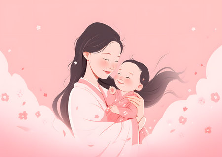A realistic illustration of an Asian mother cradling her baby in her arms.の素材