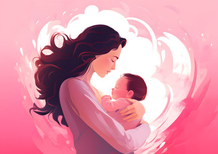 A mother gently holds her baby close, their bond encapsulated in a heart-shaped aura on a soft pink backdrop.の素材