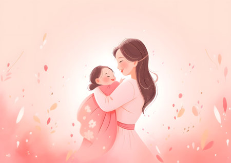 A realistic illustration of an Asian mother cradling her baby in her arms.の素材