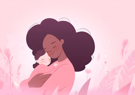A black mother lovingly cradles her sleeping baby, surrounded by soft pink hues and gentle vegetation, encapsulating a serene moment of maternal affectionの素材