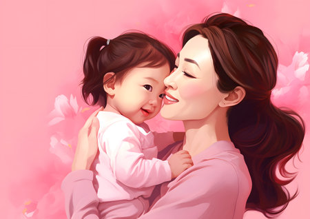 Realistic illustration of an Asian long hair beautiful mother holding her baby on pink backgroundの素材