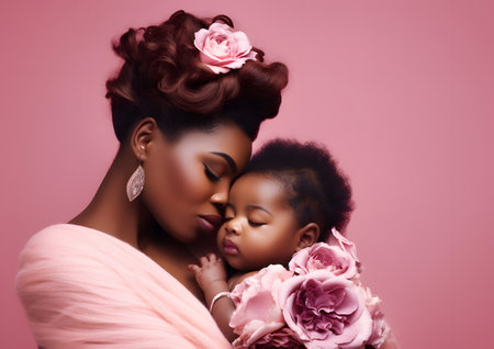 A black mother is tenderly holding her baby in her arms against a pink background.の素材