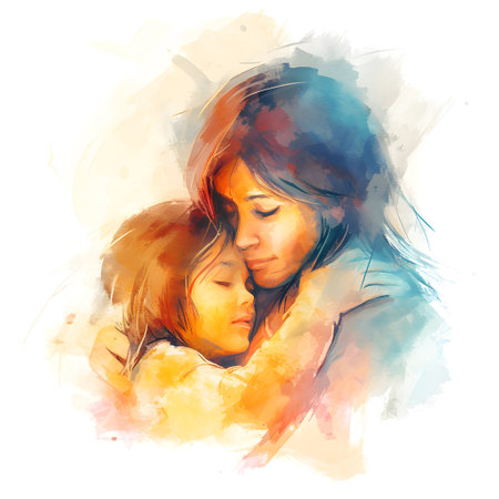 Watercolor painting of a mother holding her child close in a loving embrace, their expressions creating an atmosphere of warmth and affectionの素材