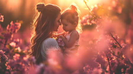A woman holding a baby standing in a field of colorful flowers in sunlight, expressing love and gratitude on Mothers Day.の素材
