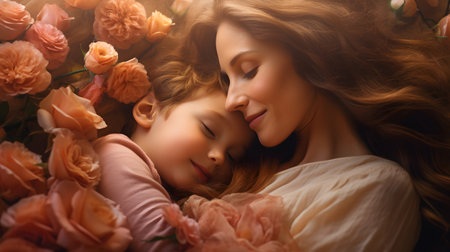 A woman is cradling a child in her arms with pink roses, showing love and care on Mothers Day.の素材