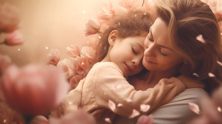 A woman is cradling a child in her arms, showing love and care on Mothers Day.の素材