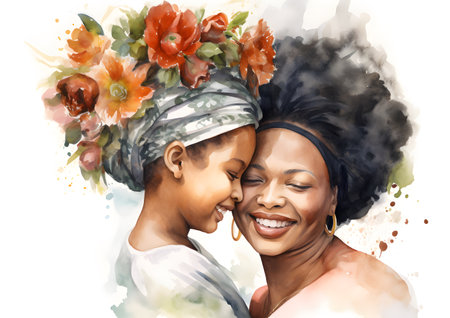 Watercolor painting of smiling black mother and her young daughter with flowers on head share a tender moment, highlighted by vibrant floral accents, symbolizing the beauty and love of Mothers Day.の素材