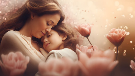 A woman is holding a child in her arms, expressing love and care on Mothers Day.の素材