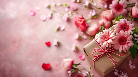 A gift is wrapped in craft paper, adorned with pink flowers around it, symbolizing love and gratitude felt on Mothers Day.の素材
