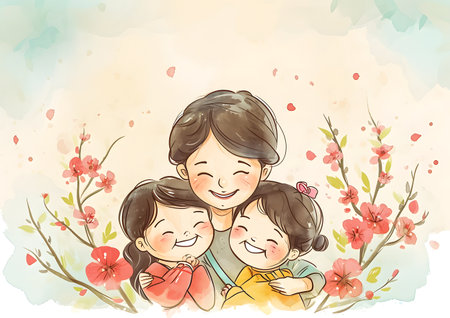 A heartwarming scene of a cartoon mother in a red dress gently holding her two happy children, with delicate cherry blossoms and floating lanterns in the background, evoking the warmth of Mothers Day.の素材