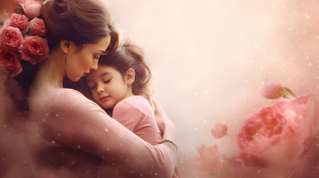 A woman is tenderly hugging her daughter, expressing love and gratitude on Mothers Day.の素材