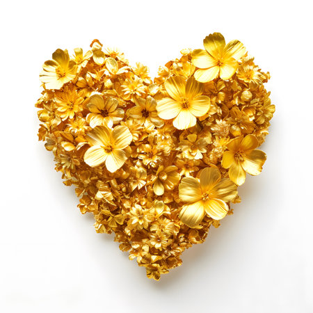 A variety of golden-toned flowers are meticulously arranged into the shape of a heart, symbolizing love and elegance, set against a pure white backdrop.の素材