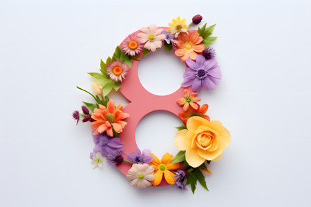 A beautiful design featuring the number eight is created from an arrangement of fresh, pink flowers, delicately placed on a bright white backdropの素材