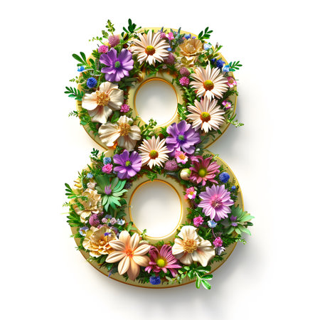 A beautiful design featuring the number eight is created from an arrangement of fresh, pink flowers, delicately placed on a bright white backdropの素材
