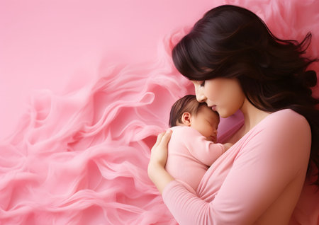 A mother lovingly holds her baby in a warm embrace, their foreheads touching affectionately, symbolizing the bond between parent and child.の素材