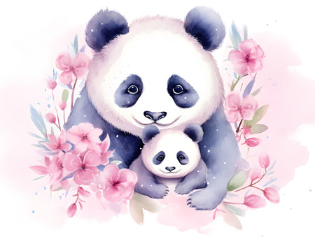 A heartwarming scene of a mother panda cuddling her cub, surrounded by a bloom of pink flowers, in celebration of Mothers Day. Cute watercolor illustration on white backgroundの素材