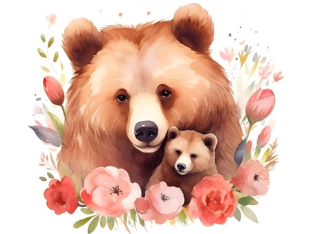 A cute watercolor painting of a tender moment as a mother bear holds her cub, both encircled by a delicate floral arrangement, symbolizing the love and bond for Mothers Day.の素材