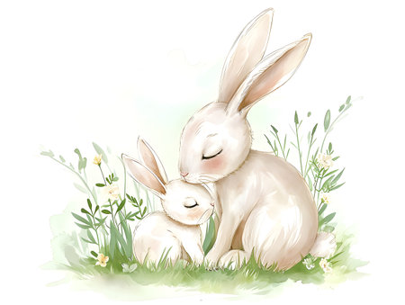 A tender moment as a mother bunny cuddles with her baby among blooming flowers and lush greenery, celebrating the bond of motherhood. Cute watercolor painting illustrationの素材