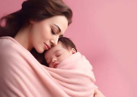 A mother lovingly holds her baby in a warm embrace, their foreheads touching affectionately, symbolizing the bond between parent and child.の素材