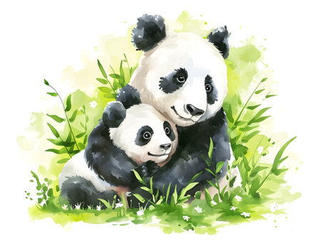 A mother panda cuddles her cub amidst lush greenery, symbolizing love and maternal bond on Mothers Day. Watercolor illustration on white backgroundの素材