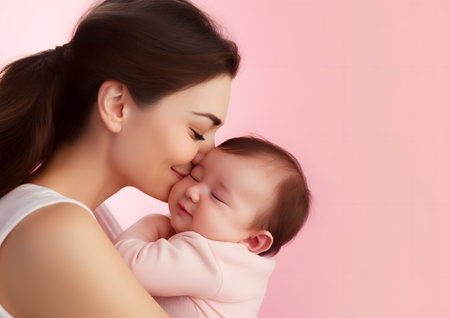 A mother lovingly holds her baby in a warm embrace, their foreheads touching affectionately, symbolizing the bond between parent and child.の素材