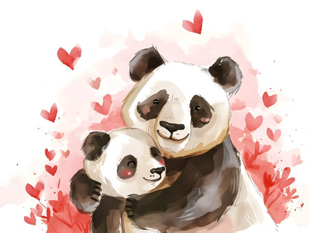 A heartwarming scene of a mother panda cuddling her cub, surrounded by a red hearts, in celebration of Mothers Day. Cute watercolor illustration on white backgroundの素材