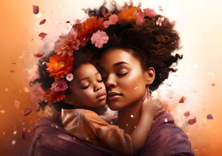 An artistic representation of a mother and her young child sharing a tender moment, surrounded by abstract elements and warm tones, celebrating the essence of Mothers Day.の素材